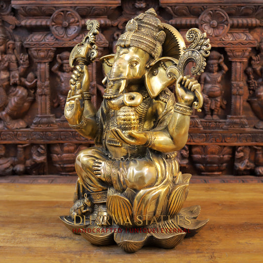 Brass Ganesh seated on Lotus, Blessing Posture, Fine Golden Finish, 22"