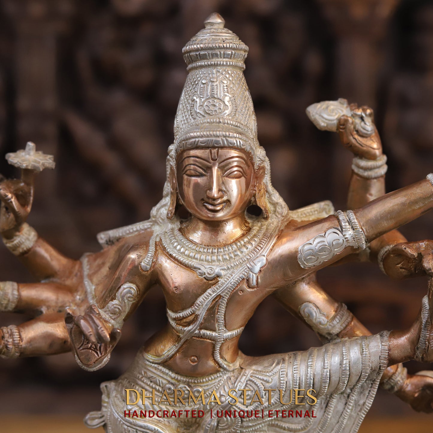 Brass Vishnu with 6 arms standing on Pedestal, Silver & Copper Finish, 17"