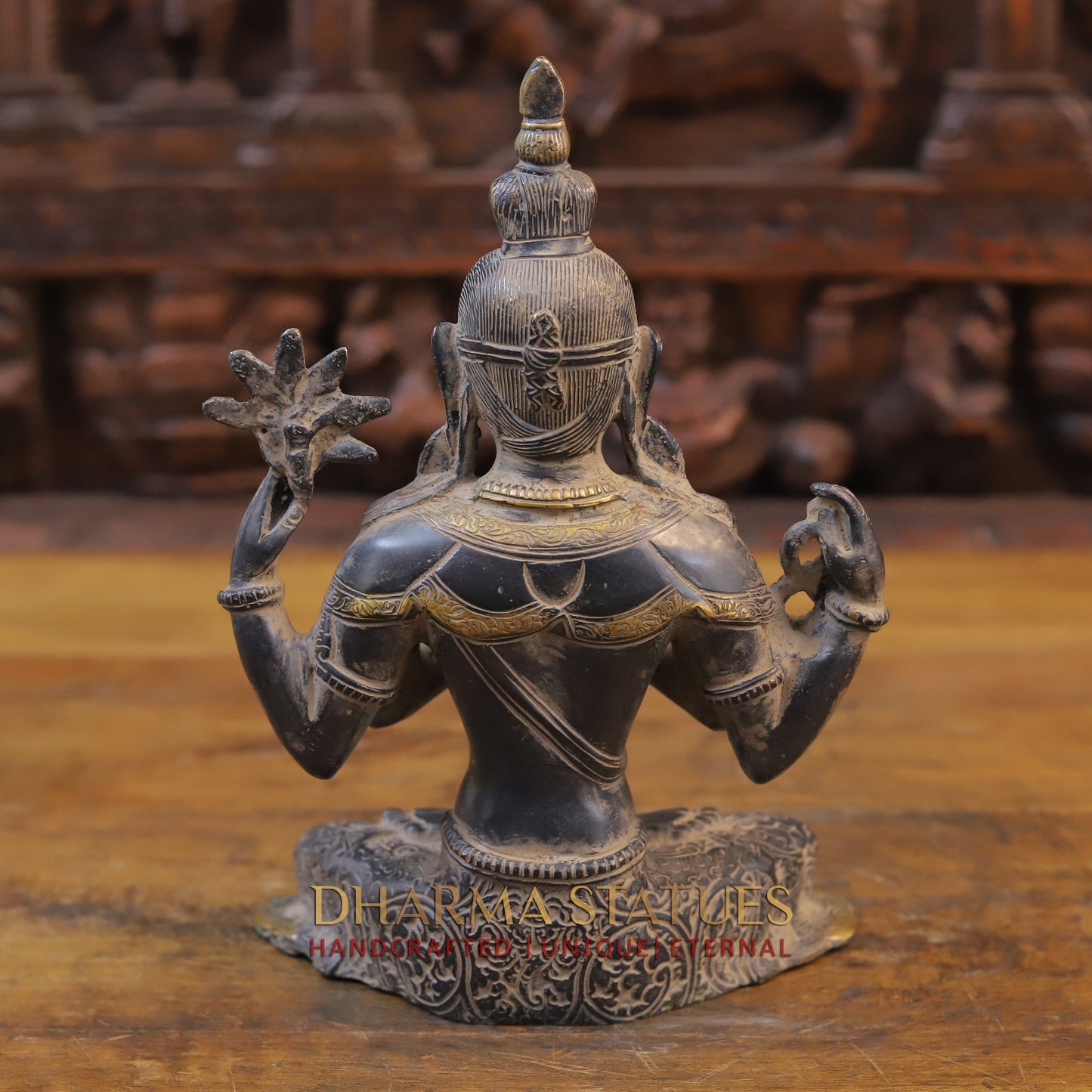 Brass Tara Statue Seated, Black Patina and Golden Finish, 10.5"