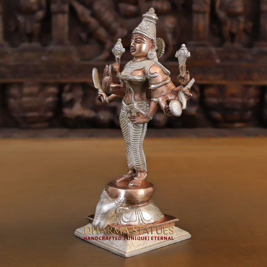 Brass Durga Standing on Buffalo Head, Copper & Silver Finish, 11.5"
