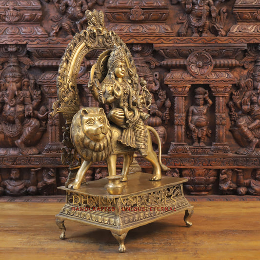 Brass Durga Statue, Bestower of Strength & Protection, Mounted on Pedestal, 27"