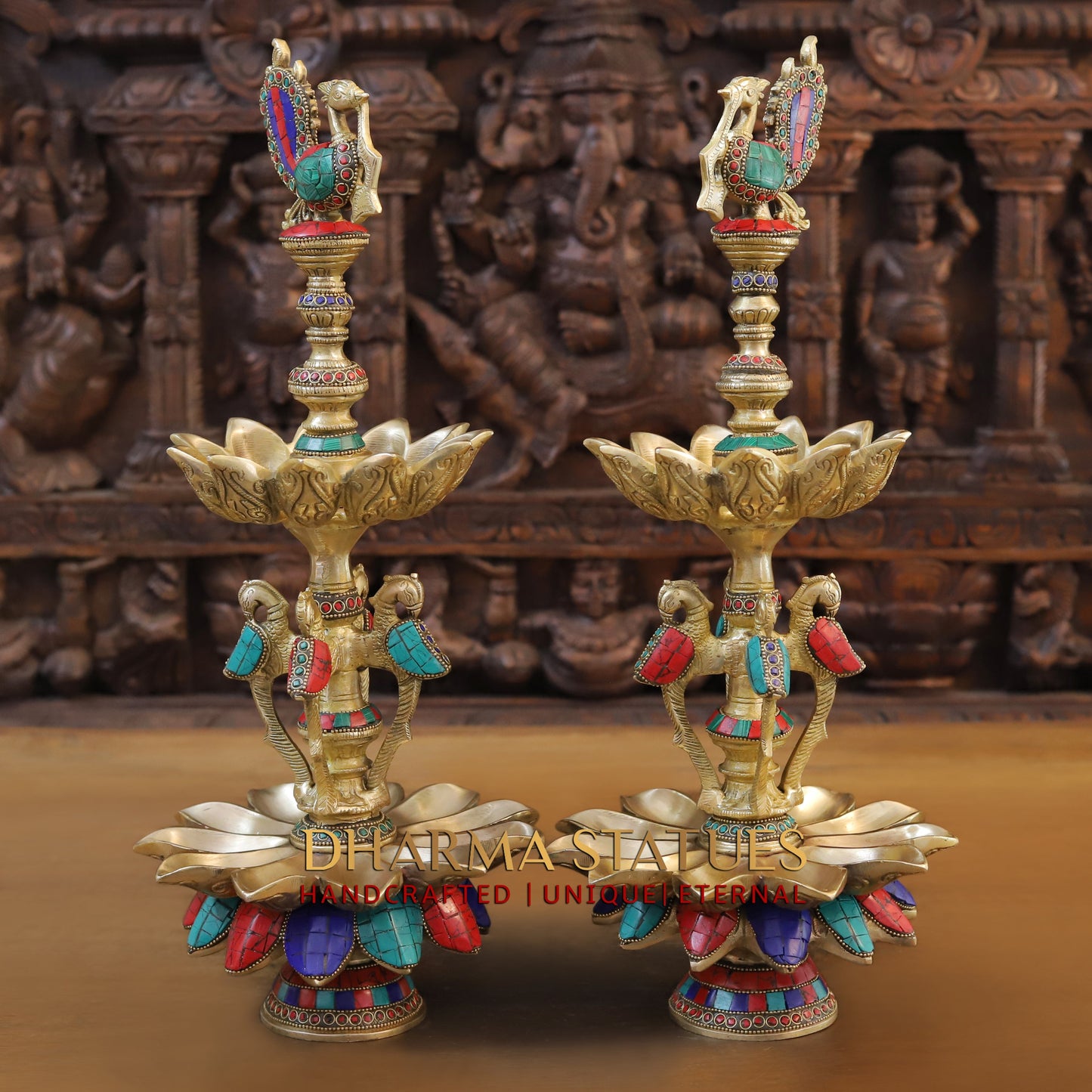 Brass Peacock Oil Lamp, Golden & Stonework, 20"