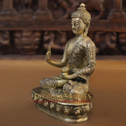Brass Buddha in Blessing Position, Golden Finish, 10"