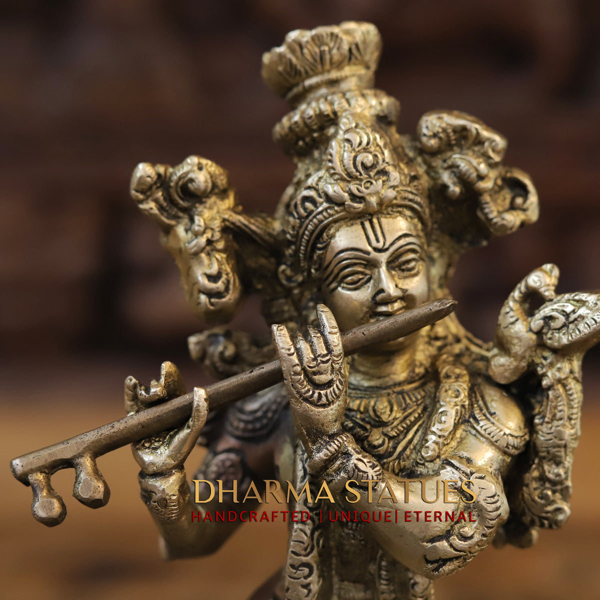 Brass Krishna Playing Flute with Nandi Cow on a Base, Gold Finish, 10"