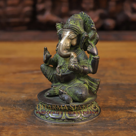 Brass Ganesh Statue, Seated on a Lotus, Green patina Finish 6.5"