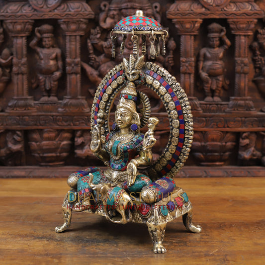 Brass Laxmi Statue seated on Throne with Elephant, Stone Work, 18”