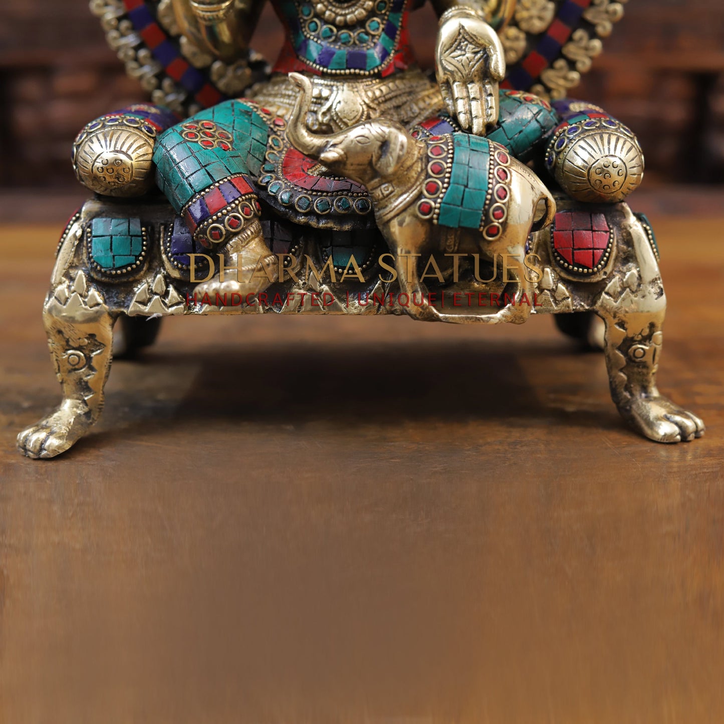 Brass Laxmi Statue seated on Throne with Elephant, Stone Work, 18”