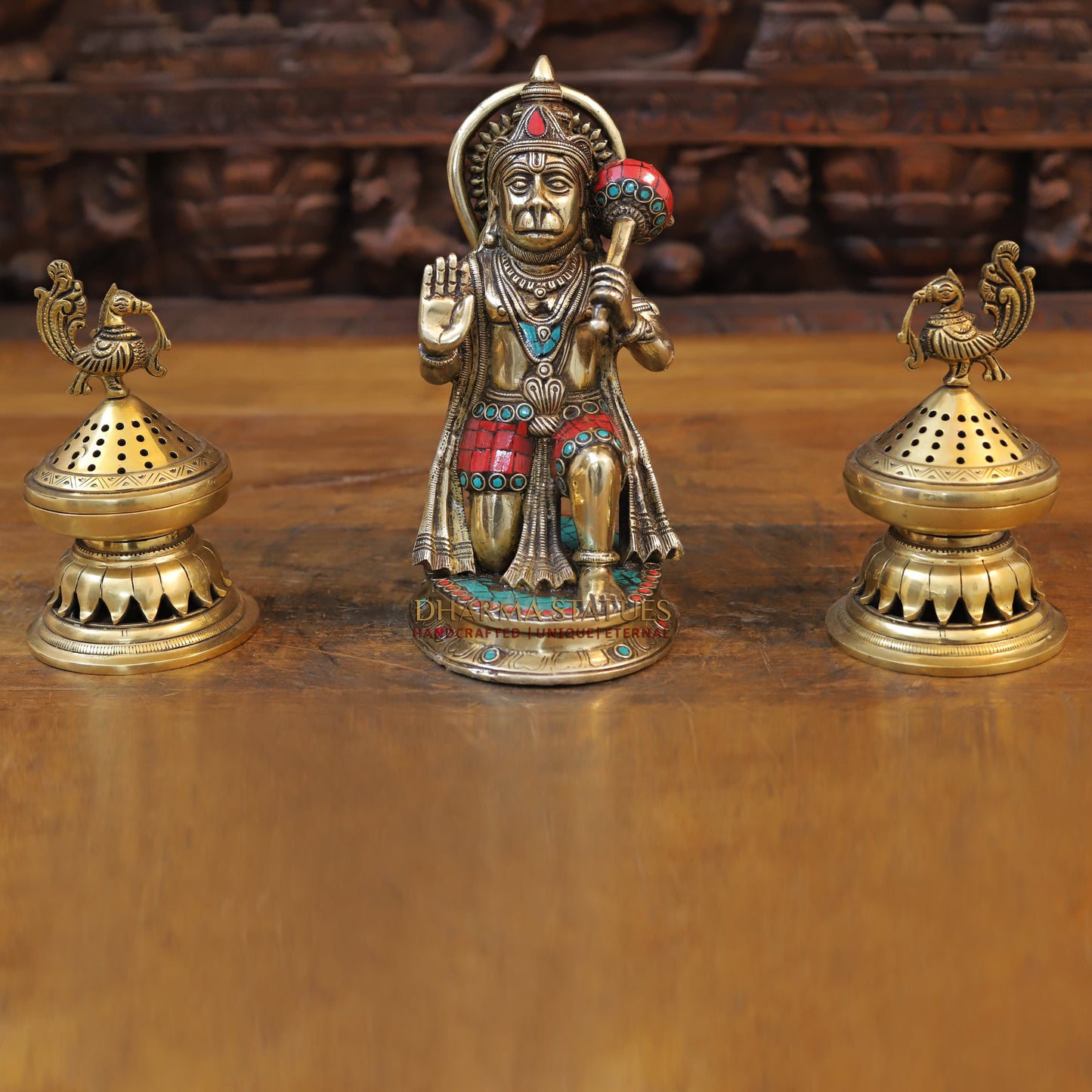 Brass Hanuman Idol, Seated in a Blessing Posture, Golden Finish & Stonework, 9.5"