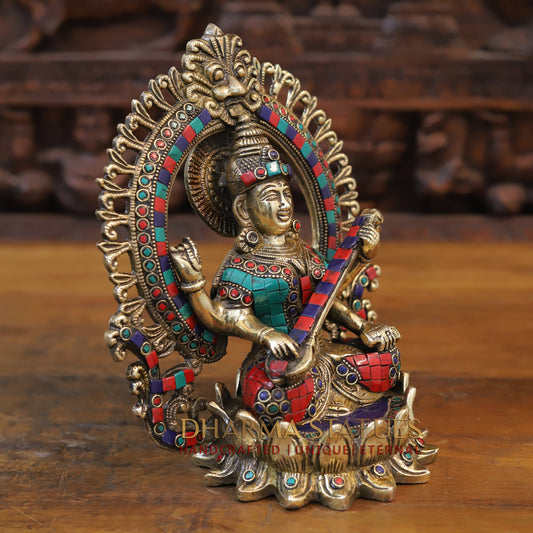 Brass Saraswati Statue seated on lotus, Golden & Stonework, 9.5"