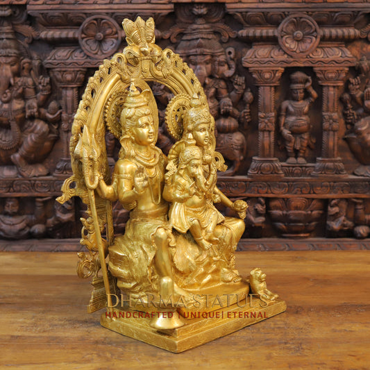 Brass Shiva Family with Ganesh & Parvati on Kailash Mountain, Fine Golden Finish, 22"