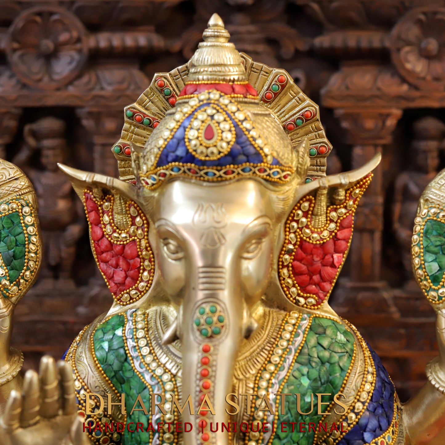 Brass Ganesh seated in Blessing Posture, Stonework & Golden Finish, 20.5"