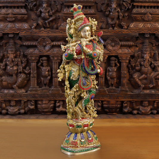 Brass Krishna Playing Flute, Stonework & Golden Finish, 30"