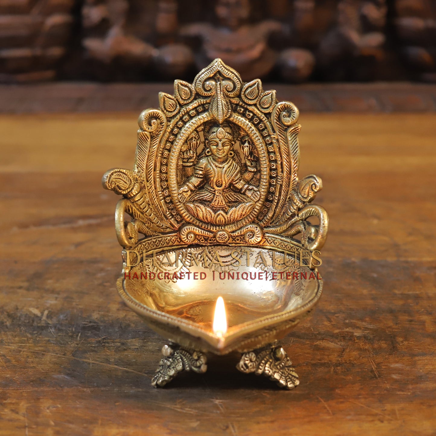 Brass Mahalakshmi Diya, Golden Finish, 7"