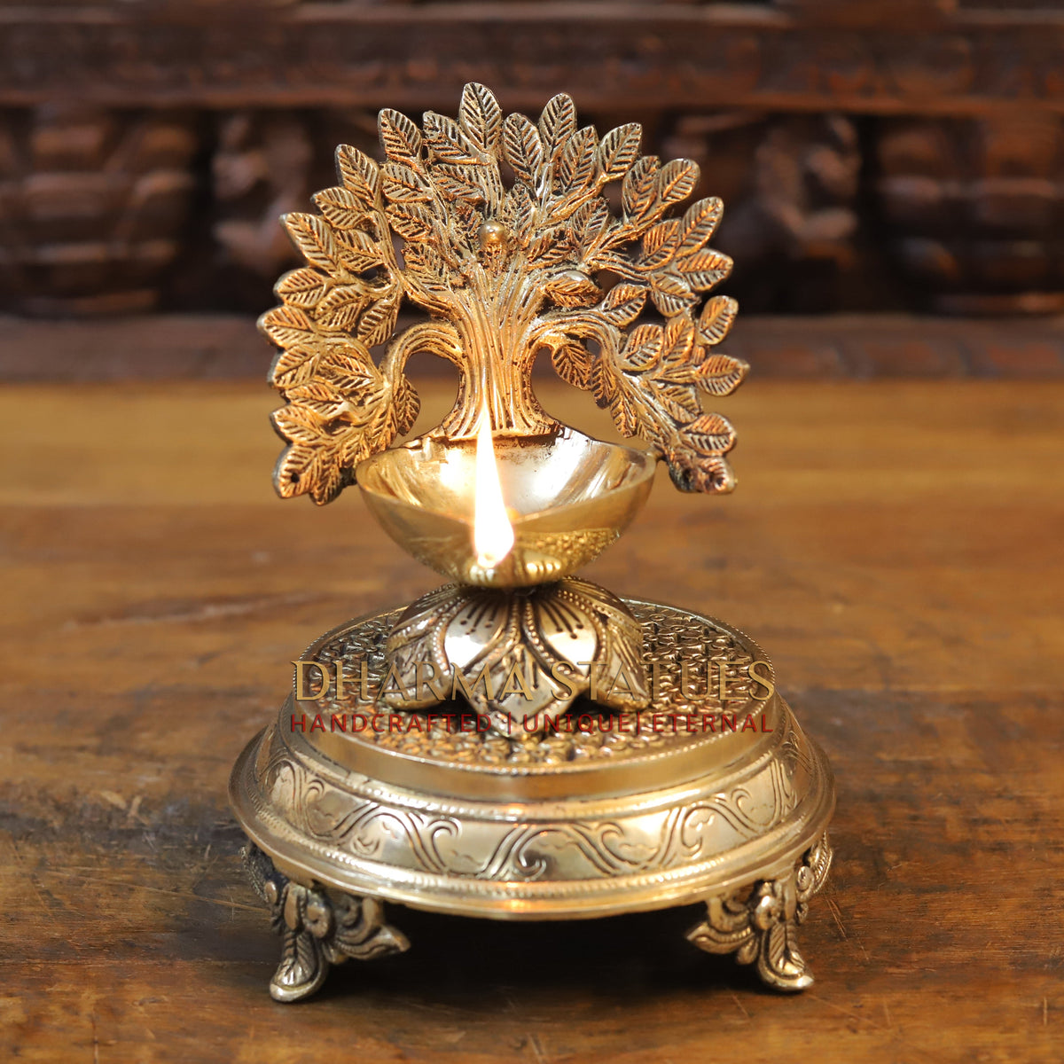 Brass Tree With Diya, Golden Finish, 6.5"