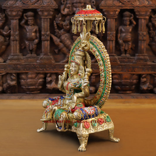 Brass Ganesh & Lakshmi seated on Throne, Stonework & Golden Finish, 18"