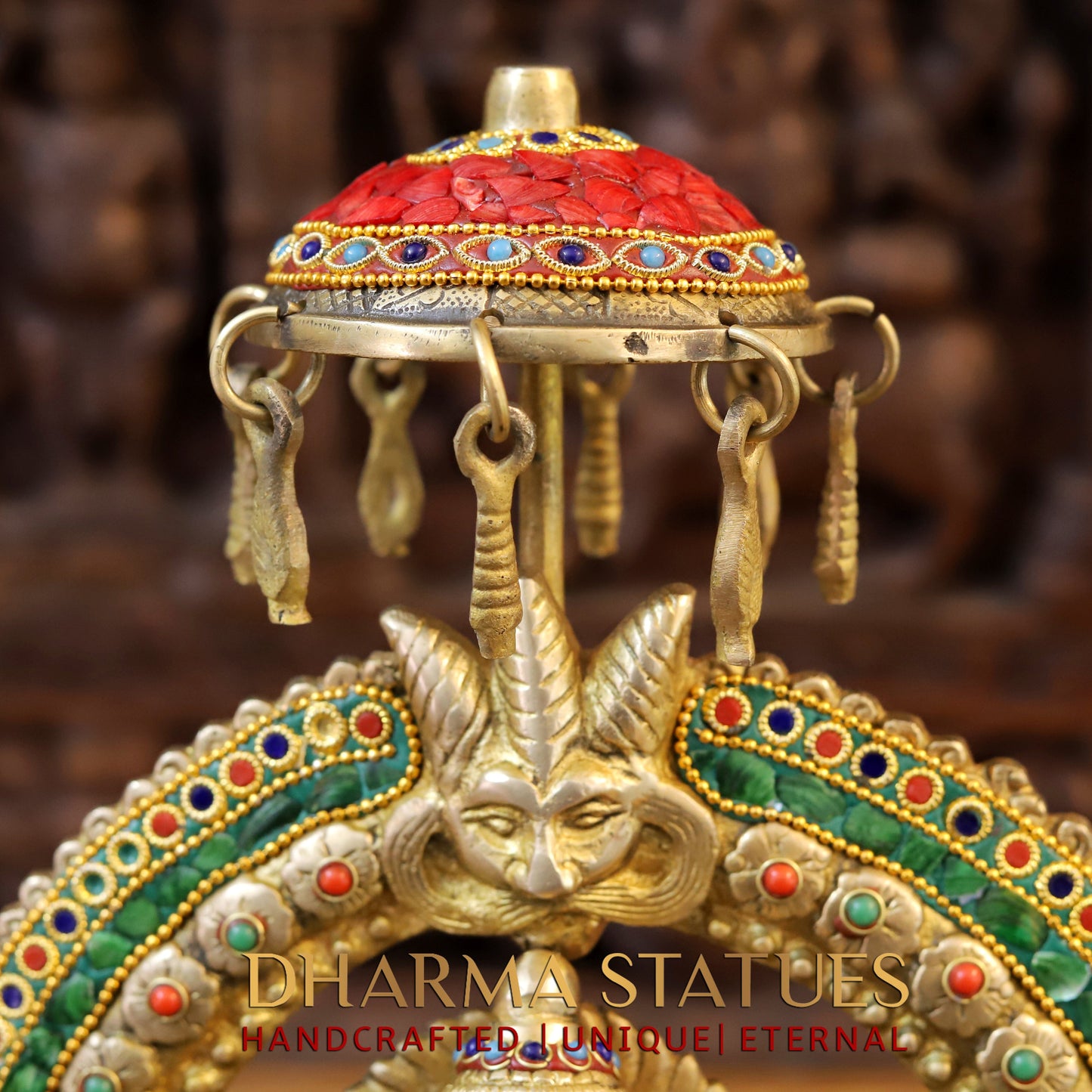 Brass Ganesh & Lakshmi seated on Throne, Stonework & Golden Finish, 18"