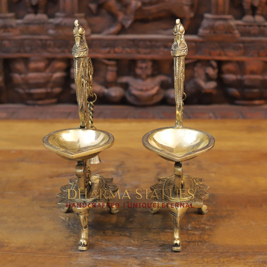 Brass Peacock Diya, Golden Finish, 12"