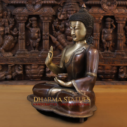 Brass Buddha seated in Varada Mudra, Copper & Golden Finish, 19"