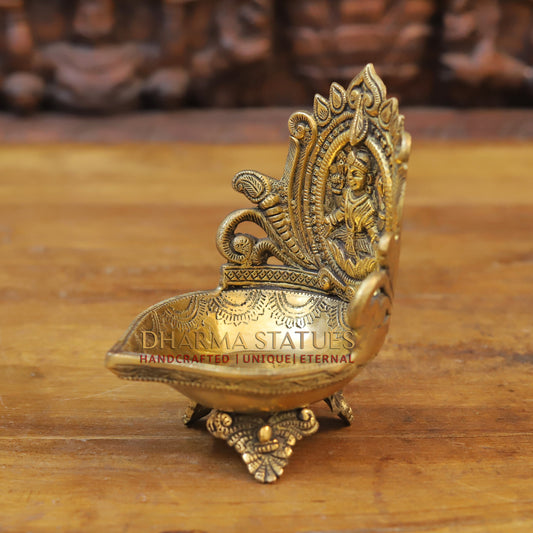 Brass Lakshmi and Ganesh Diya, Fine Golden Finish 7"