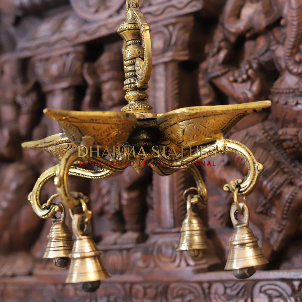 Brass Hanging Diya, with Bells, Fine Golden Finish 29"