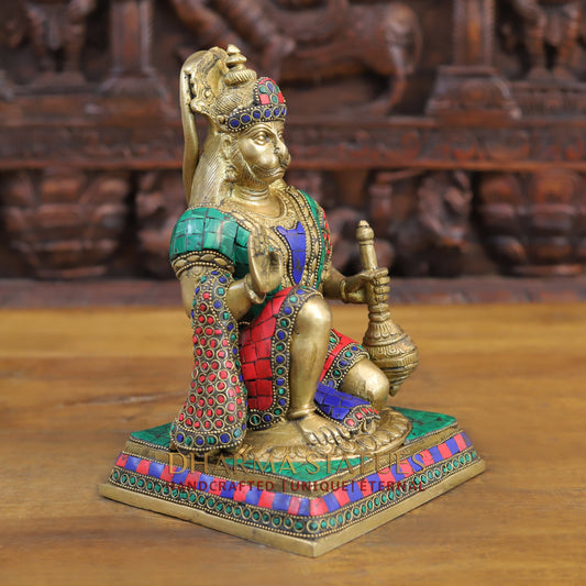 Brass Hanuman Ji in Blessing Posture, Golden & Stonework, 10"