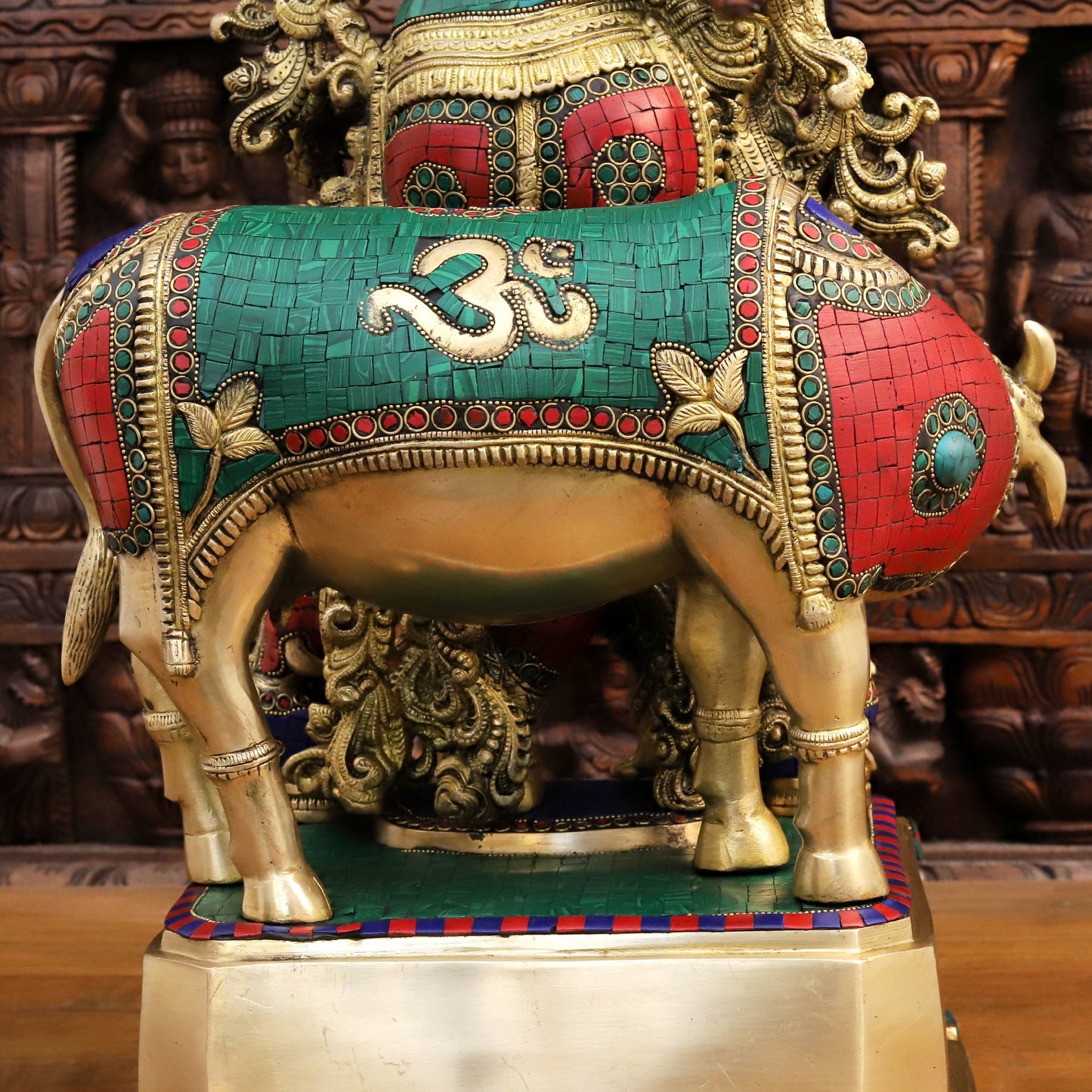 Brass Lord Krishna Idol, Krishna's Life: Melodies and Memories Golden with Stone Work 28"