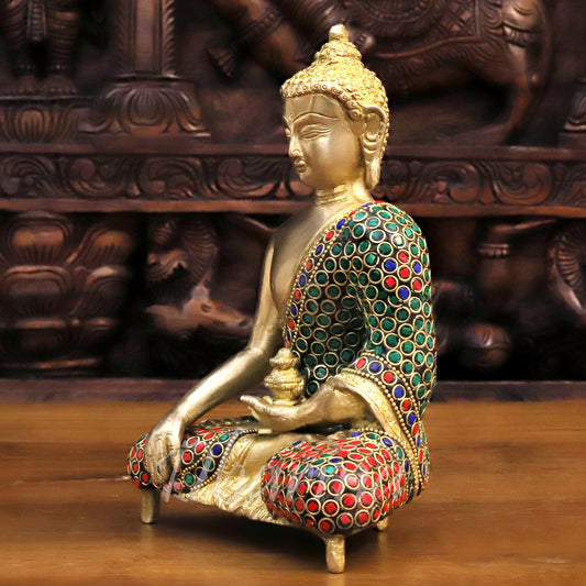 Brass Buddha Idol, Meditating Buddha, Golden & Stone work 8"