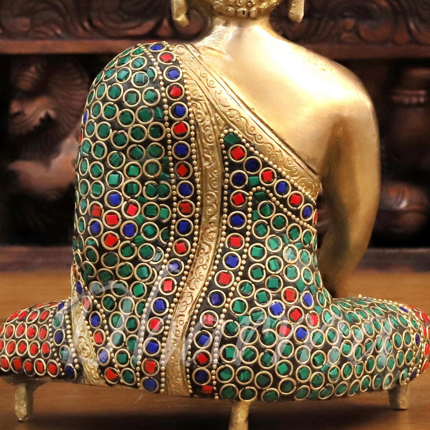 Brass Buddha Idol, Meditating Buddha, Golden & Stone work 8"