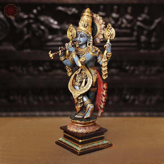 Brass Krishna Playing Flute, Multi-color Finish, 19"