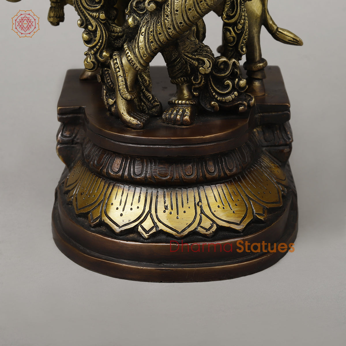 Brass Krishna Playing Flute with Cow, Copper & Golden Finish, 14.5"