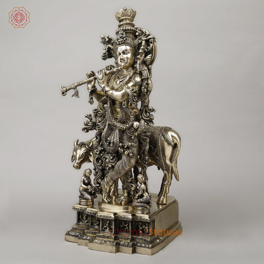 Brass Krishna Playing Flute with Cow, Smooth Finish, 29"