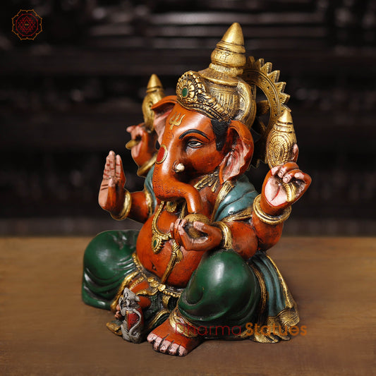 Brass Ganesh Seated, Multi-Color Finish, 13"