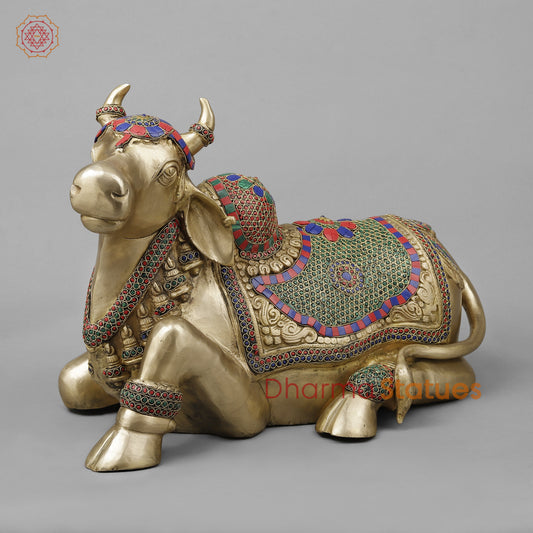 Brass Nandi Seated With Stonework, Golden Finish, 21”