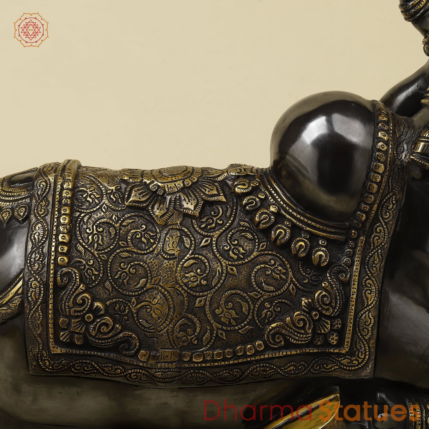 Brass Nandi Seated With Fine Carving, Black & Golden Finish, 21”