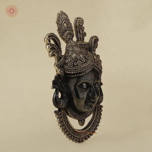 Brass Shrinath Wall Hanging Face, Black Patina with Golden Finish, 17.5"
