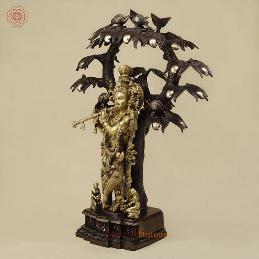 Brass Krishna Playing Flute under Tree, Copper & Golden Finish, 36"