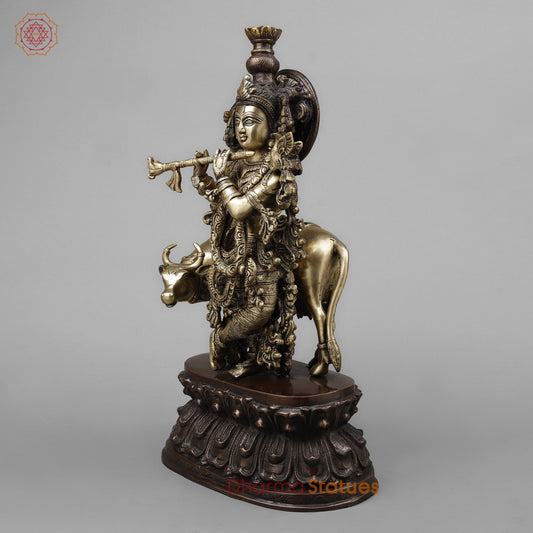 Brass Krishna Playing Flute with Cow, Golden & Copper Finish, 21"