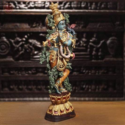 Brass Krishna Brass Statue, Playing Divine Flute colorful Finish, 32"