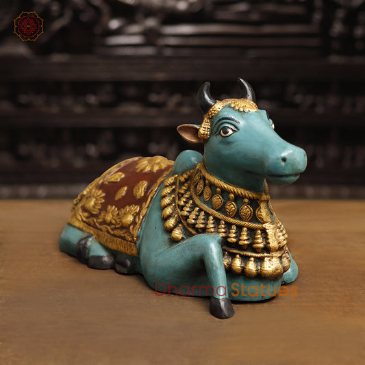 Brass Nandi Idol, The Sacred Blue Bull with Golden Grace, 11"