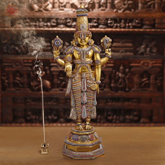 Brass Balaji Idol, Standing Enhanced with Semi-Precious Stone Inlay, 33"
