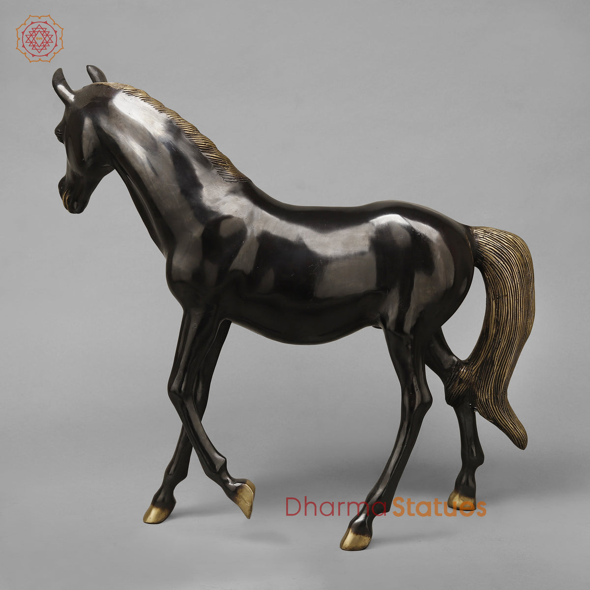 Brass Horse Standing, Black Patina & Golden Finish, 18.5"