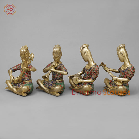 Brass Set of Four Thai Musicians Seated, Smooth Finish with Stonework, 9"