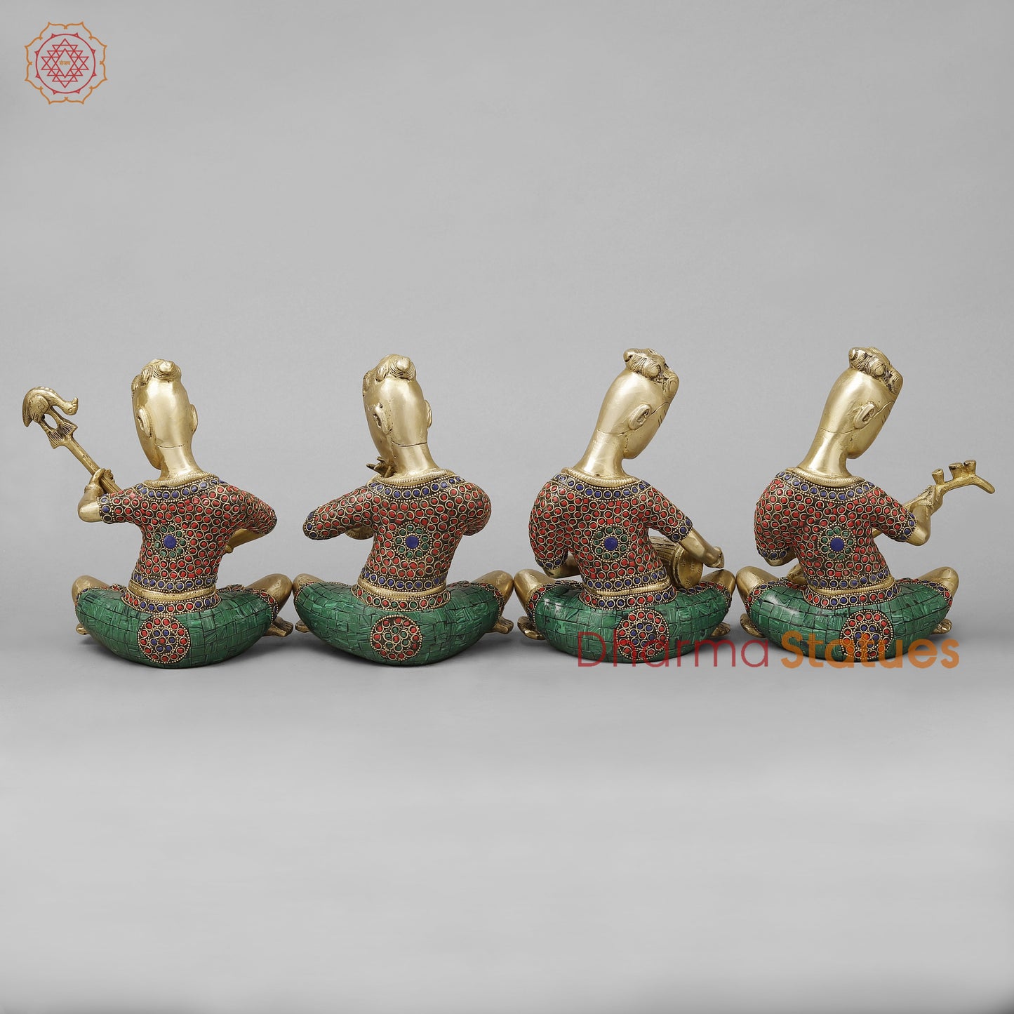 Brass Set of Four Thai Musicians Seated, Smooth Finish with Stonework, 9"