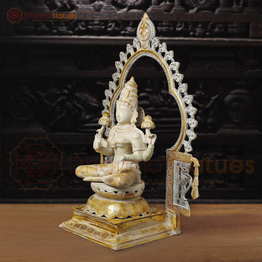 Brass Lakshmi Idol, Seated on Throne, Ivory & Rustic Gold 32.5"