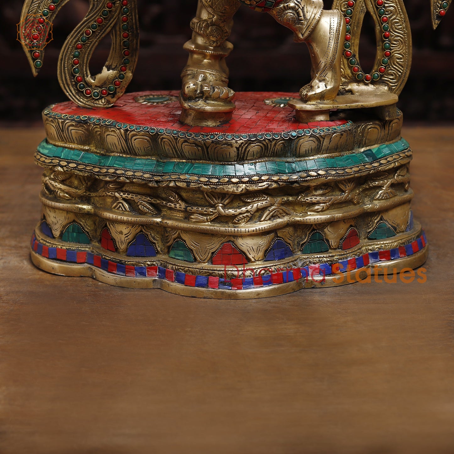 Brass Krishna Playing Flute, Stonework & Golden Finish, 33"