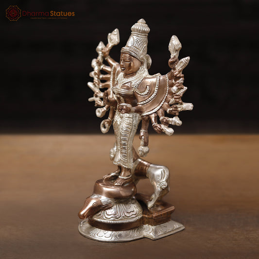 Brass Standing Durga (Bhogashakti), Exquisitely Handcrafted in Silver & Copper Finish, 9.5"