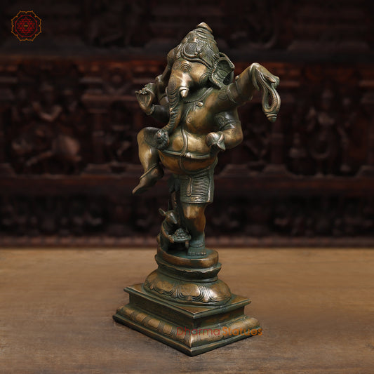 Brass Dancing Ganesh, Antique Green Finish, 18.5"