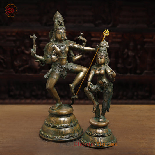 Brass Dancing Shiva and Parvati Statue, Antique Golden & Green Finish, 22"