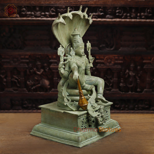 Brass Maha Abhishekam Vishnu Seated On Snake Throne, Antique Green Finish, 29"