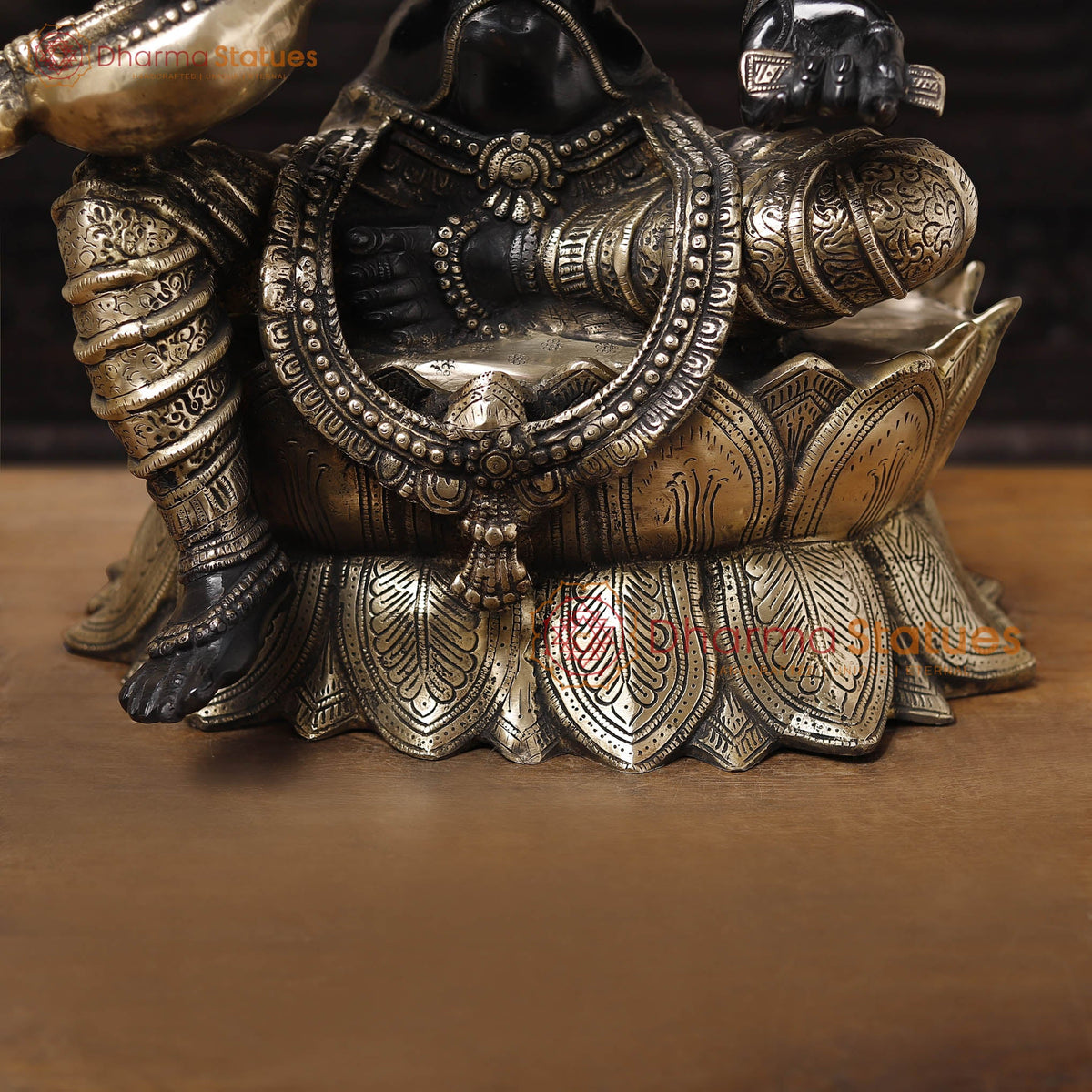 Brass Saraswati Idol, Seated on a Lotus Flower, Black Patina with Golden Finish, 27"
